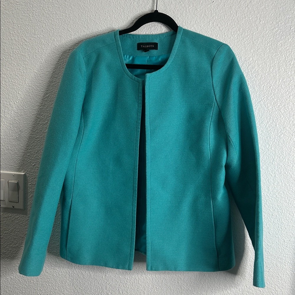 Talbots Women's Vibrant Teal blue textured Blazer collarless open blazer size 14